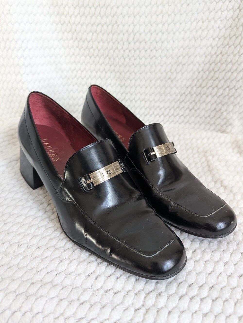 Lauren Ralph Lauren Sibyl Shiny Black Leather Block Heeled Loafers Academia